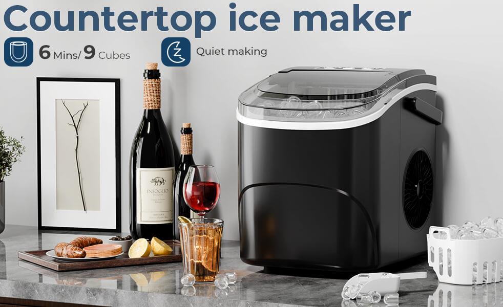 26LBS/24H Countertop Ice Makers 9 Cubes in 6 Mins with Handle and Self-Cleaning