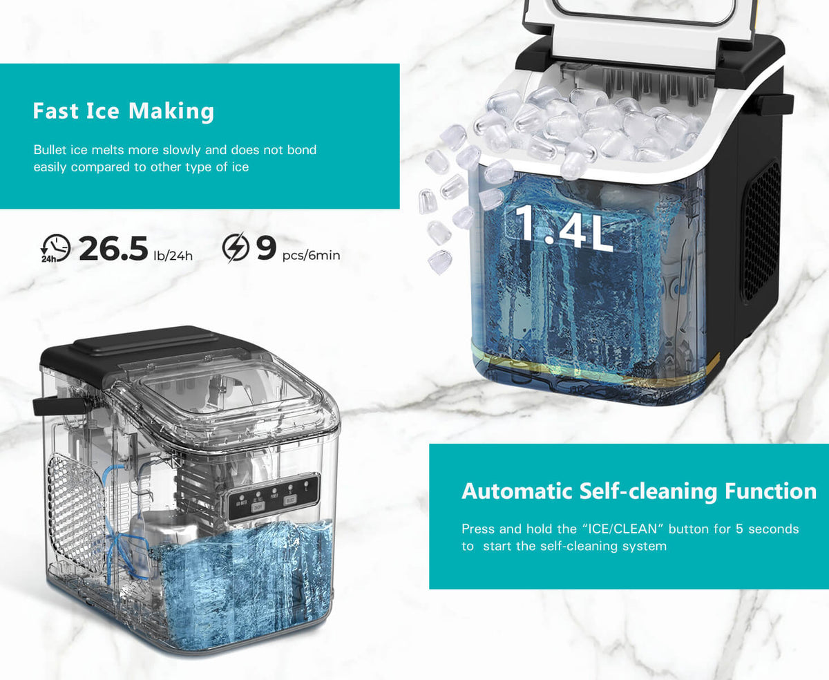 Countertop Ice Maker Machine 9 Cubes in 6 Minutes with 2 Size Ice and Self-Cleaning