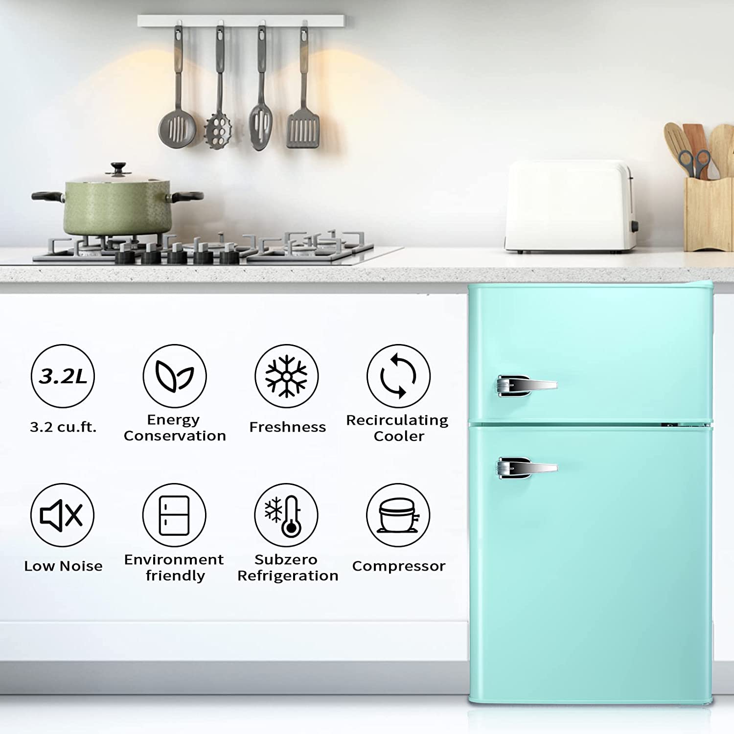 3.2 Cu.ft Double Doors Freestanding Mini Refrigerator with Freezer – free  village