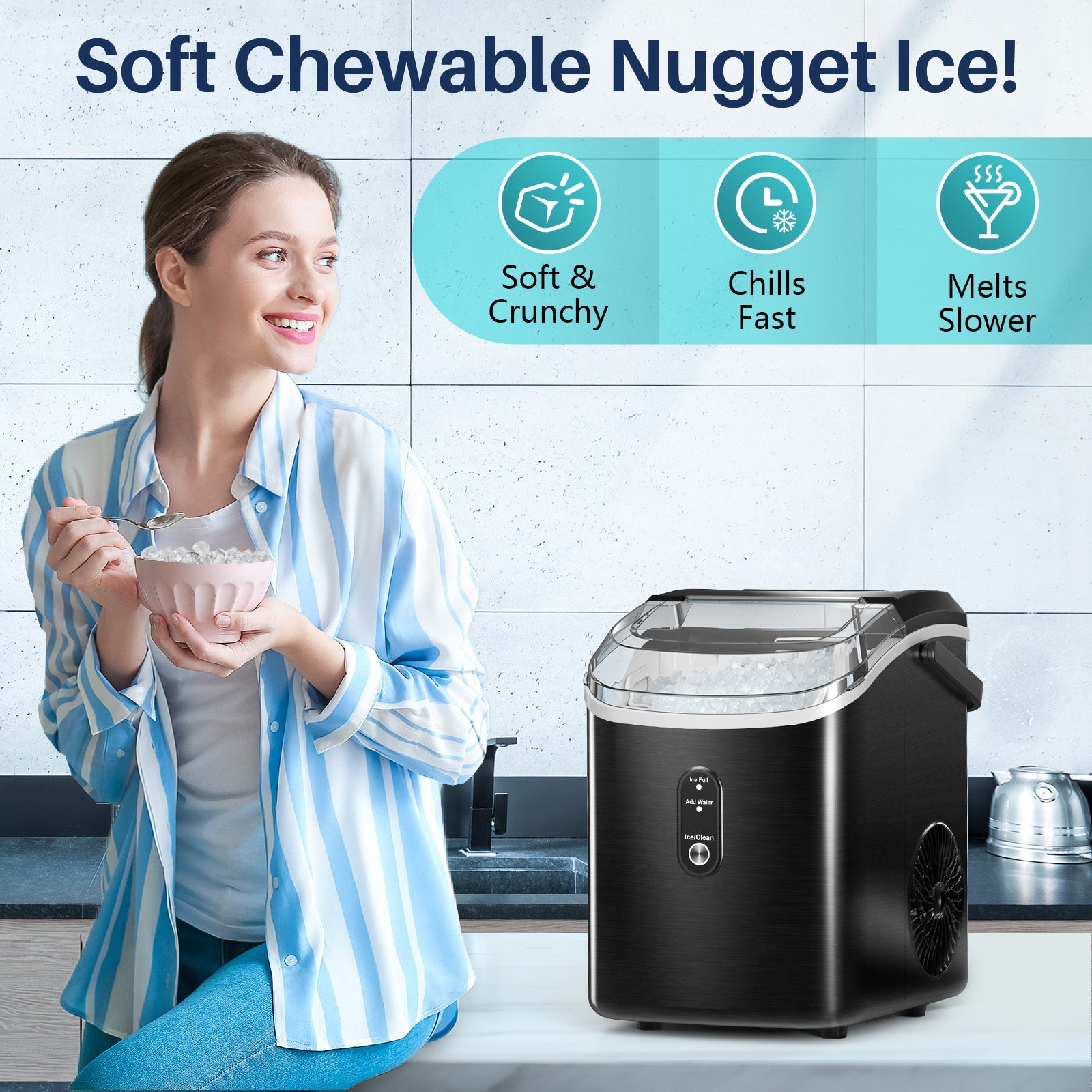 Compact Nugget Ice Maker, 33 lbs/Day Countertop Ice Maker with Soft Chewy  Pellet Ice, Pebble Ice Machine